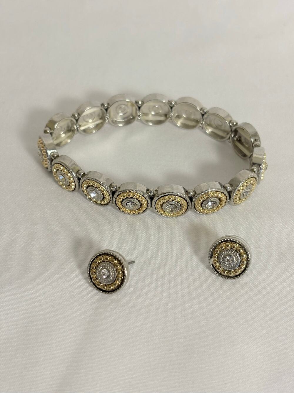 Rhinestone Bracelet & Earrings Set Gold Silver Tone Sparkle Statement Jewelry